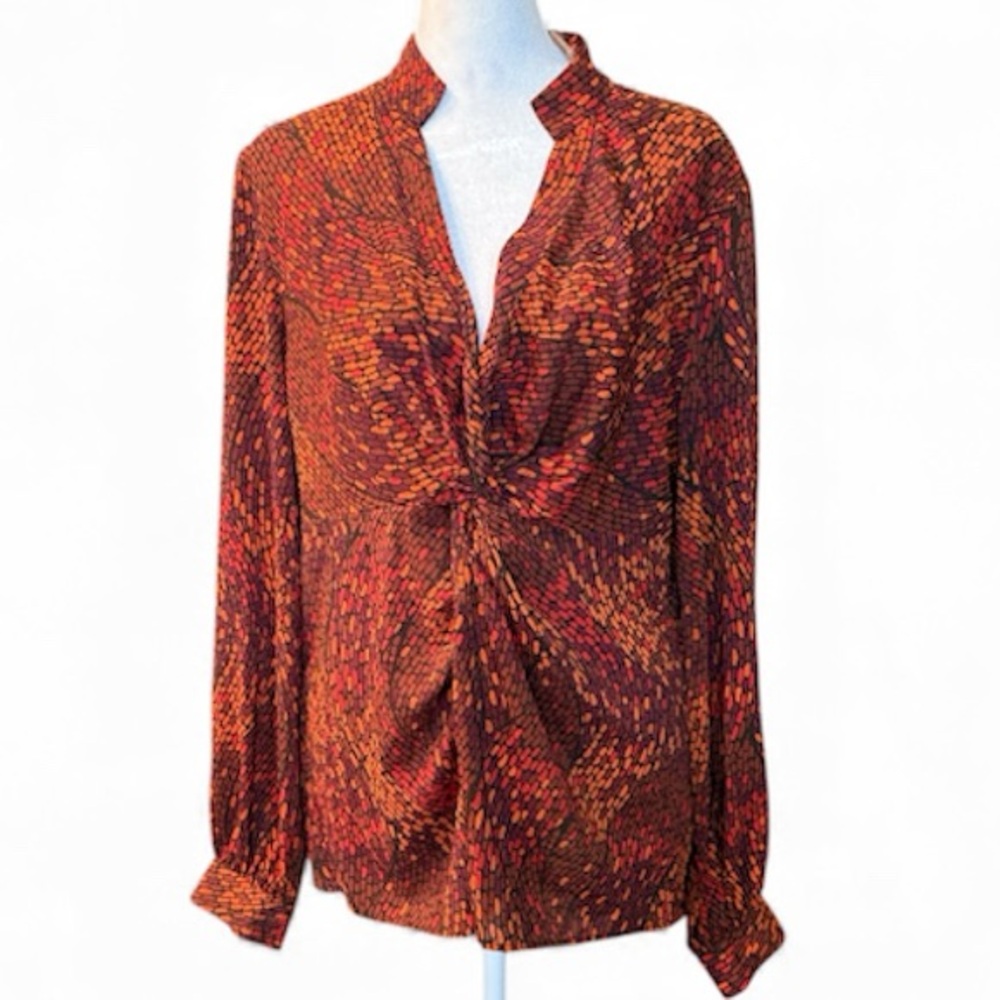 Chadwicks Womens Knot Front Empire Waist Blouse Red Orange Long Sleeve SZ 16 NEW